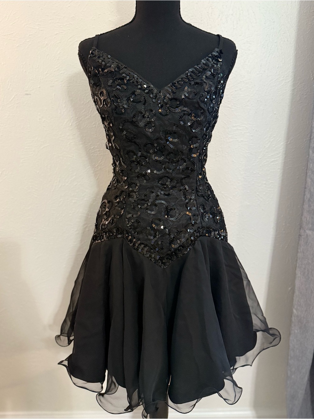 Vintage Black Beaded Spaghetti-Strap Mini Dress